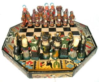 Vintage Porcelain Inca Warrior Spanish Conquistadors Mini Handmade Chess Set 2