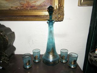 Vintage Nautical Tall Ship Themed Wine Decanter And 4 Glasses