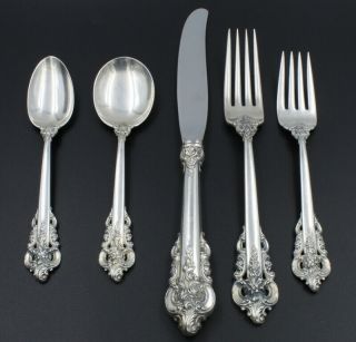 5 Piece Wallace Grande Baroque Sterling Silver Flatware Place Setting 6846 - 12