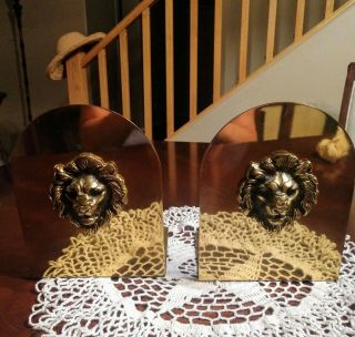 Vintage Mid Century Brass Bronze Lion Head Leo Bookends Pair