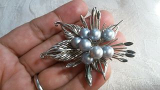 Gorgeous Vintage Sterling Silver Flower With Blue Pearls Filigree Brooch Pin