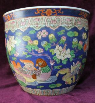 Large Vintage Chinese Ceramic Fish Bowl Planter - Hand Enamel Painted Rare 11 " H