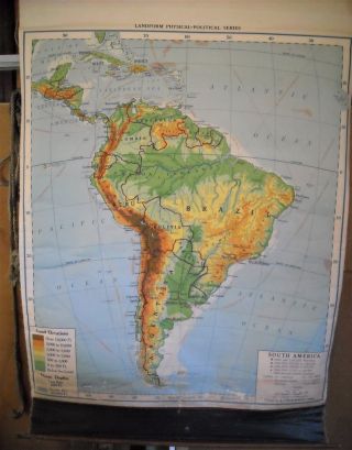 Vintage Roll Up Wall Map South America 1946