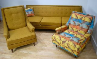 1950s Living Room Set - Yellow Gold Sofa Couch Chairs - Mid - Century Modern Mcm