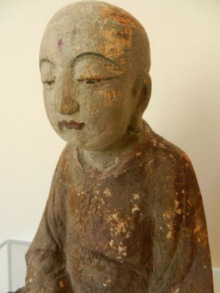 Chinese 19th Early 20th Century Polychrome Carved Wooden Buddhist Monk Statue.