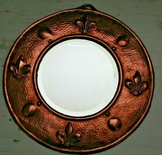 Antique Arts And Crafts Bevelled Mirror Hammered Copper,  Fleur - De - Lis Pattern