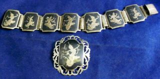 Vintage Made Siam Dancers Theme Sterling Silver Niello Ware Bracelet Pin Brooch
