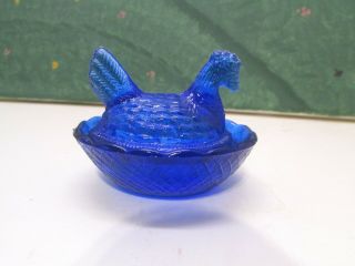 Vintage Miniature Glass Chicken Hen On Nest Dark Cobalt Blue Salt