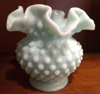 Vintage Fenton Turquoise Milk Glass Hobnail Vase Ruffled 4 1/2 " Cond.
