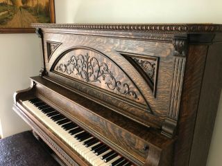Antique 1907 - 1908 Upright Ellington Grand Piano - Tiger Oak Wood - Refinished