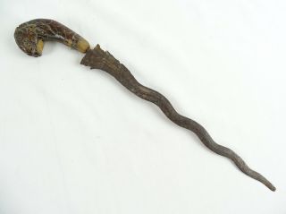 Antique Indonesian Wavy Blade Kris Keris Damascene Sword With Carved Handle A/f