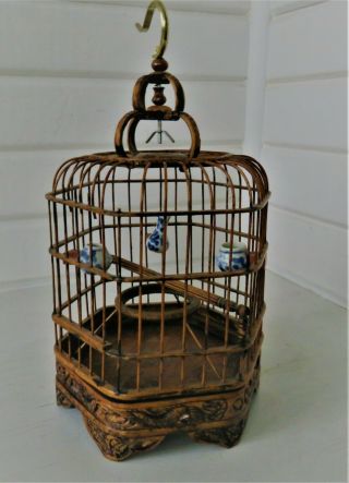 Vtg Asian Style Bamboo Handcarved Wood Hanging Bird Cage W/ceramic Feeders 12 " T