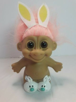 Vintage Russ 5 " Happy Easter Bunny Troll Doll White Bunny Slippers