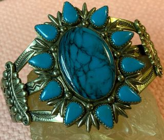 Vintage Bell Trading Post Turquoise Navajo Style Nickel Silver Cuff Bracelet