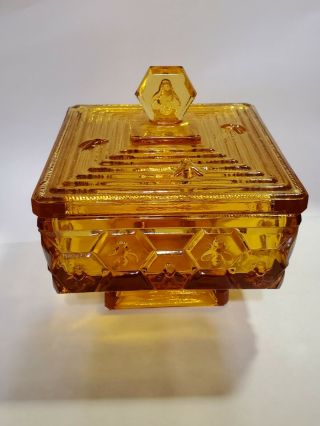 Vintage Amber Fenton Glass Honey Dish With Honeycomb & Bumble Bees 4.  5” Rare
