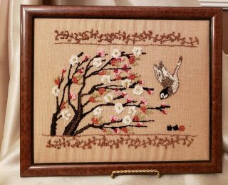 Vintage Crewel Embroidery Embroidered Framed Bird And Tree