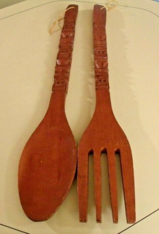 Vintage 28 " Tiki Totem Carved Wood Fork & Spoon