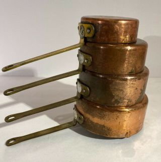 Vintage Copper Nesting Measuring Cups W/spout Brass Handles Hook Set Of 4 Korea