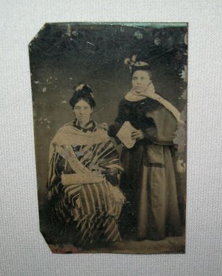 Old Antique Vtg Ca 1800s Tintype Photo Two Women Fancy Striped Dress Photograph