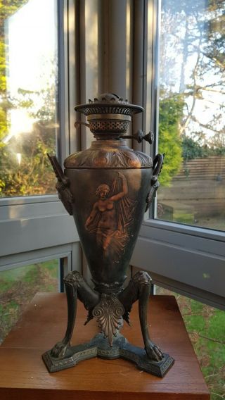 Victorian Antique Bronzed Nudes Lions Oil Lamp Font Burner Duplex 4 Ins