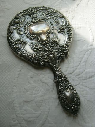 Vintage Signed Gorham Sterling Silver Hand Mirror With Flowers Repousee