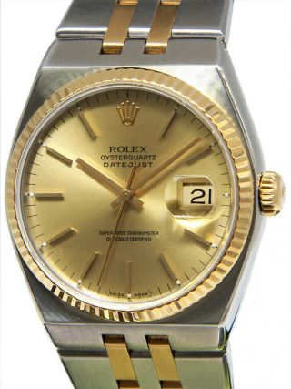 Rolex Datejust Oysterquartz 18k Gold & Steel Champagne Dial Mens Watch 17013