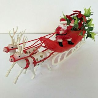 Soft Plastic Vintage/retro Santa In Sleigh With Two Reindeer & Poinsettia 11.  5 "