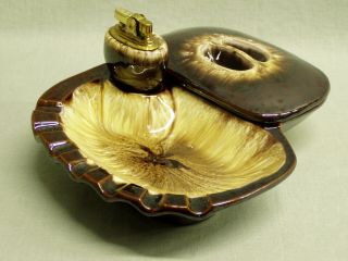 Vintage Pottery Ashtray Lighter Brown Drip Glaze Ceramic Japan Retro Redware