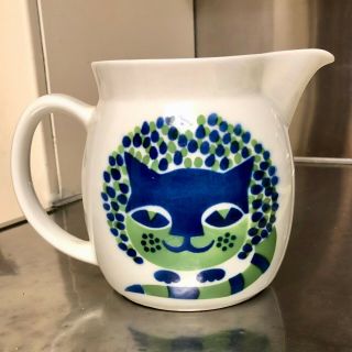 Arabia Of Finland Vintage Mid Century Modern Blue And Green Cat Pitcher