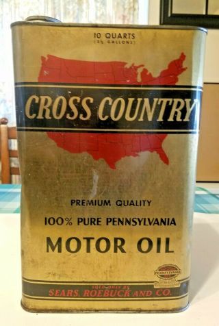 Rare Vintage Sears & Roebuck Cross Country 10 Qt.  Pa.  Motor Oil Can 2 1/2 Gal.