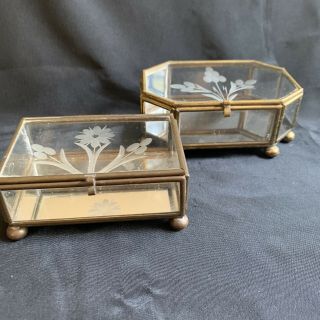 Vintage Small Glass And Brass Display Boxes 4.  5 " And 3.  5 " Wide