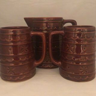 Vintage Marcrest Stoneware Brown Daisy Dot Pitcher & 2 Mugs Made In Usa