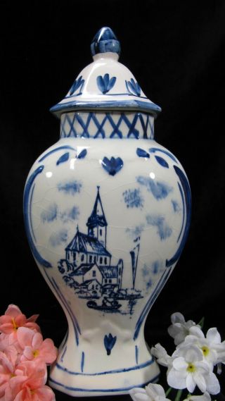 Antique Vintage Lidded Vase Delft Blue White Urn Ginger Hand Painted Ceramic