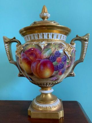 Antique Royal Worcester Twin Handle Potpourri Lidded Vase Painted By H.  Ayrton
