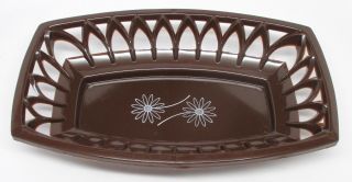 Vintage Retro Mid - Century Dark Brown White Flowers Hard Plastic Bread Basket E