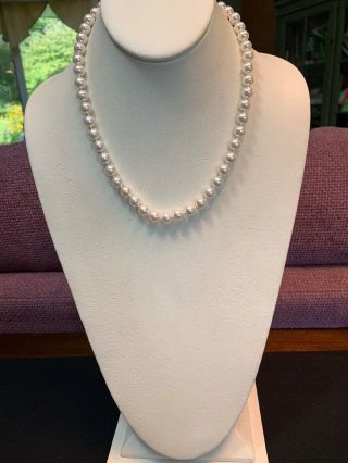 Vintage 18 Inch 8mm Pure White Hand Knotted Pearl Necklace Fish Hook Clasp