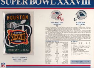 2004 Bowl Xxxviii 38 Patch England Patriots Carolina Panthers Willabee