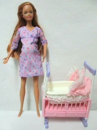 Vintage Barbie Happy Family Freckled Mom & Baby Pregnant Midge Crib & Cradle