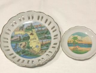 2 Vintage Florida State Souvenir Candy Dish Wall Plate Gold Edge Tampa Japan