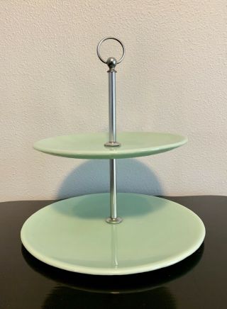 Vintage Porcelain Two Tiered Serving Tray Cake Stand Jade Green