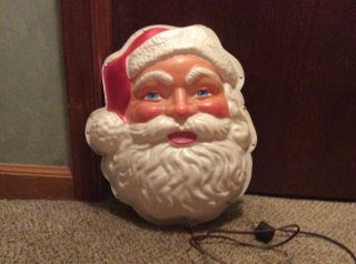 Vintage Santa Claus Head Face Blow Mold Plastic Wall Hanging Lighted Usa