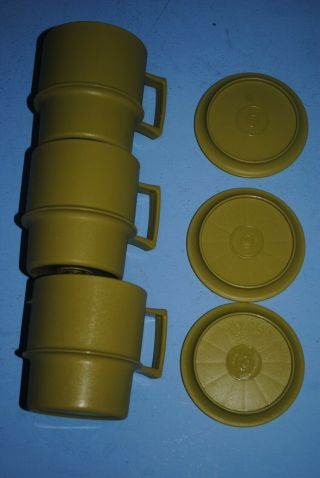 3 Vintage Tupperware Stackable Mugs Coffee Cups W Coaster Lids - Harvest Green