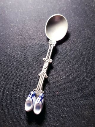 Vintage Collectible Sterling Spoon With Tiny Delft Porcelain Shoes From Holland