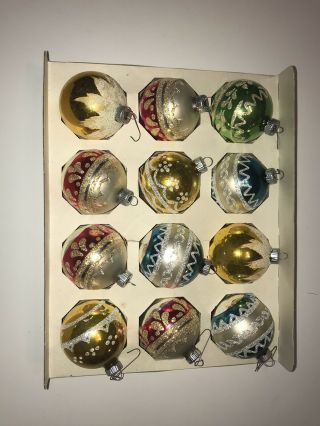 Shiny Bright Vintage Christmas Balls Ornaments Glitter Stenciled One Dozen