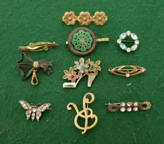 Joblot Bundle Of 10 Antique & Vintage Costume Jewellery Pin Brooches Pinchbeck