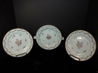 3 Pc Late 18th Early 19th C Chinese Export Porcelain Famille Rose Warming Plate
