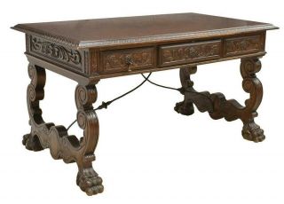 Spanish Renaissance Revival Carved Library Desk,  19th Century (1800s)