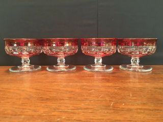 Set Of 4 Vtg Kings Crown Ruby Red Flashed Thumbprint Sherbet Dessert Dishes Cups