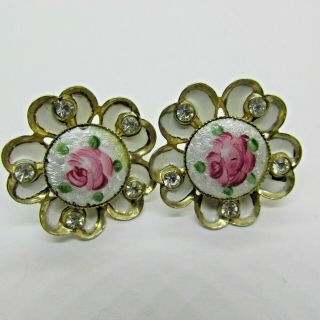 Vintage Coro Guilloche Rose Flower Screw Back Earrings Clear Rhinestones