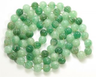 Vintage Chinese Export Hand Knotted Carved Fluted Jade Melon Bead Necklace 103g